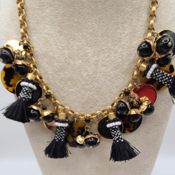 J Crew Black Tassel Gold Tone Disk Tortoise Charm Link Necklace - Picture 4 of 11